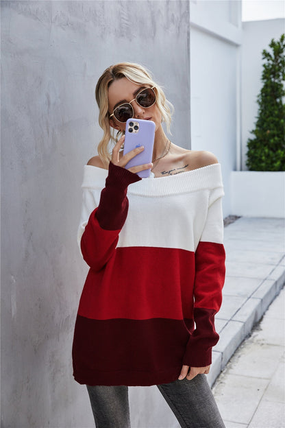 Creamtopmall Off The Shoulder Color Block Sweater