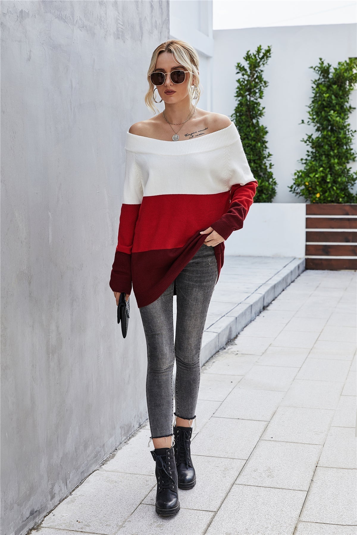 Creamtopmall Off The Shoulder Color Block Sweater