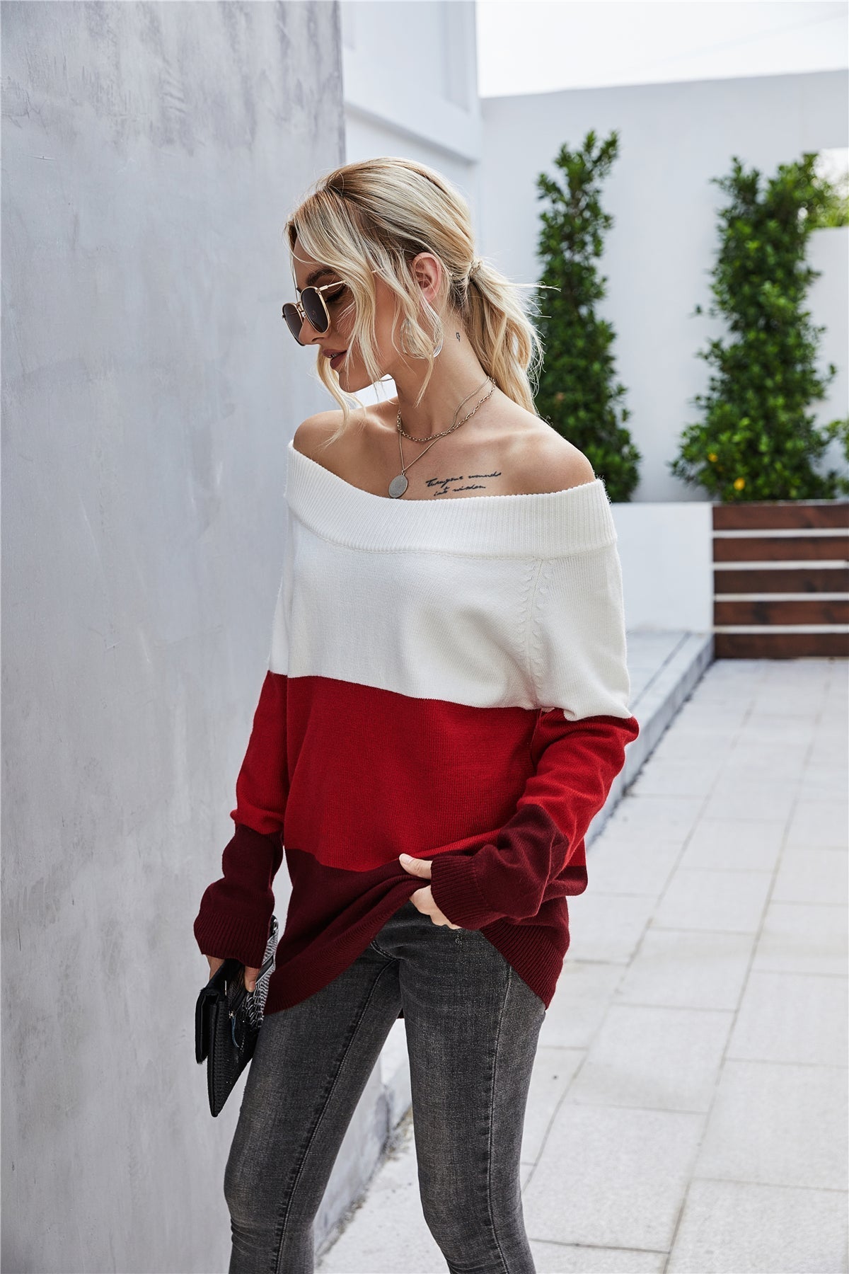 Creamtopmall Off The Shoulder Color Block Sweater