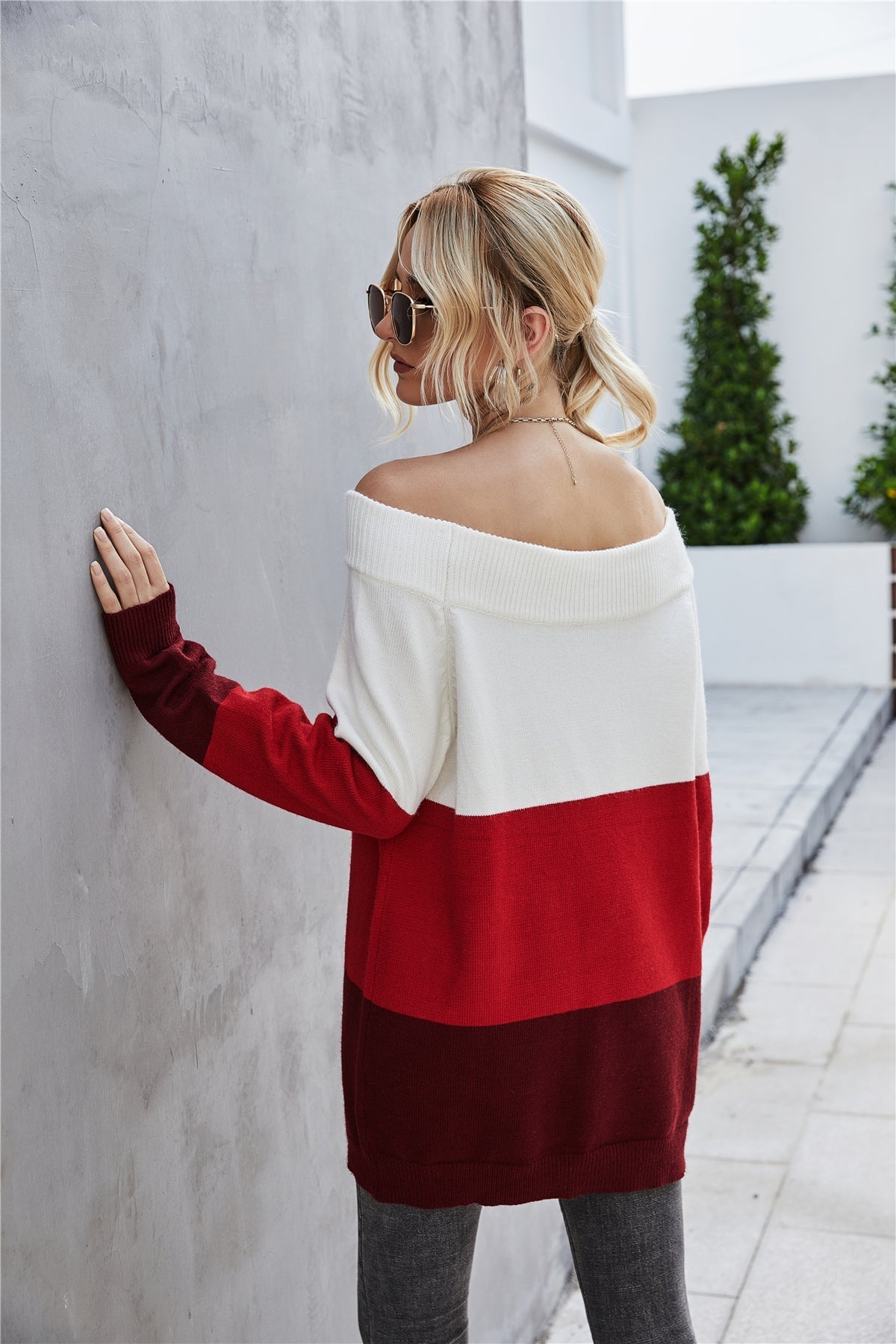 Creamtopmall Off The Shoulder Color Block Sweater