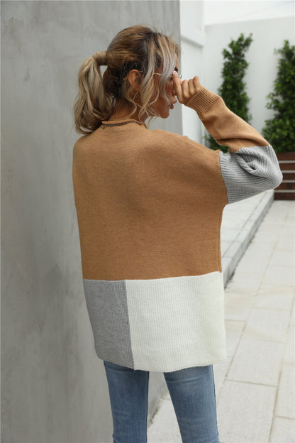 Creamtopmall Stitching Color Block Round Collar Sweater