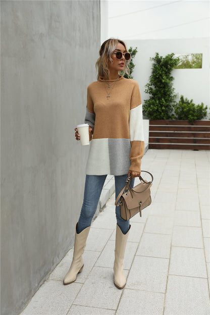 Creamtopmall Stitching Color Block Round Collar Sweater