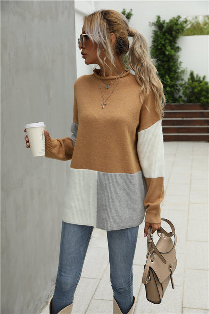 Creamtopmall Stitching Color Block Round Collar Sweater