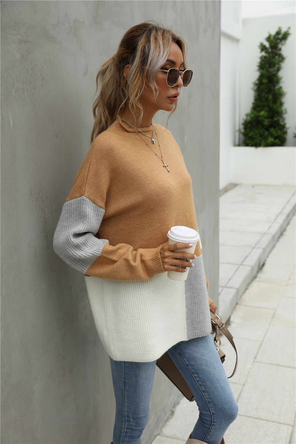 Creamtopmall Stitching Color Block Round Collar Sweater