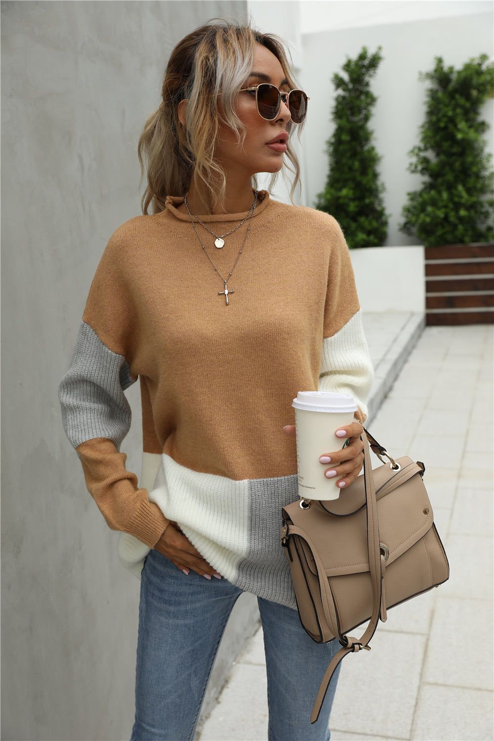 Creamtopmall Stitching Color Block Round Collar Sweater