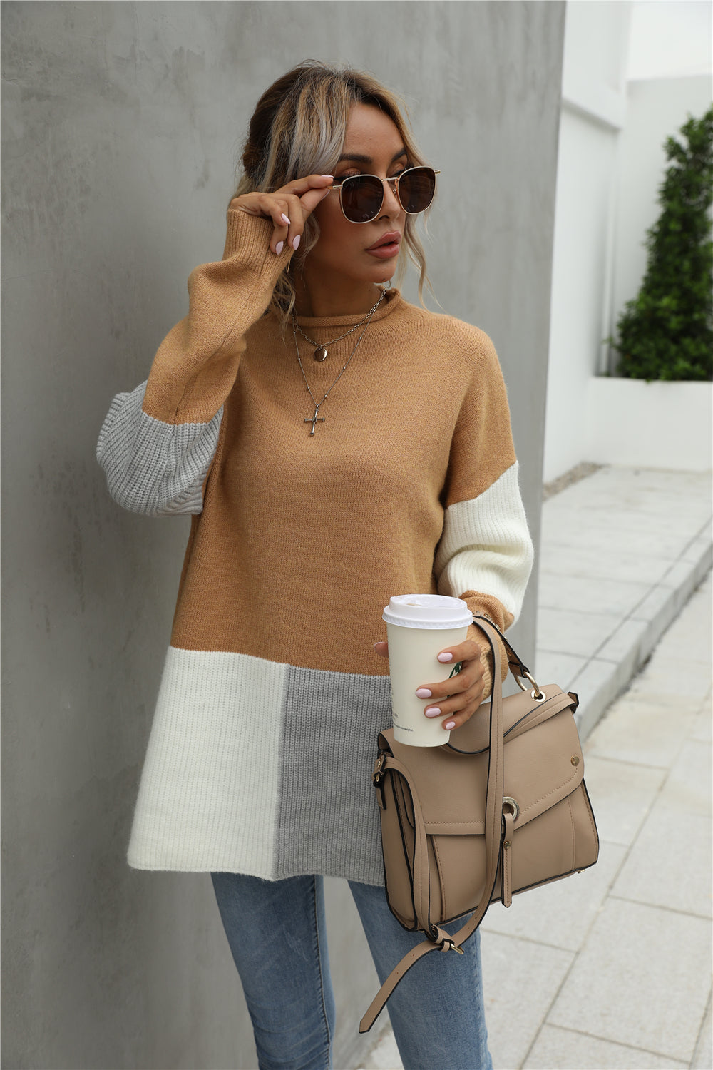 Creamtopmall Stitching Color Block Round Collar Sweater