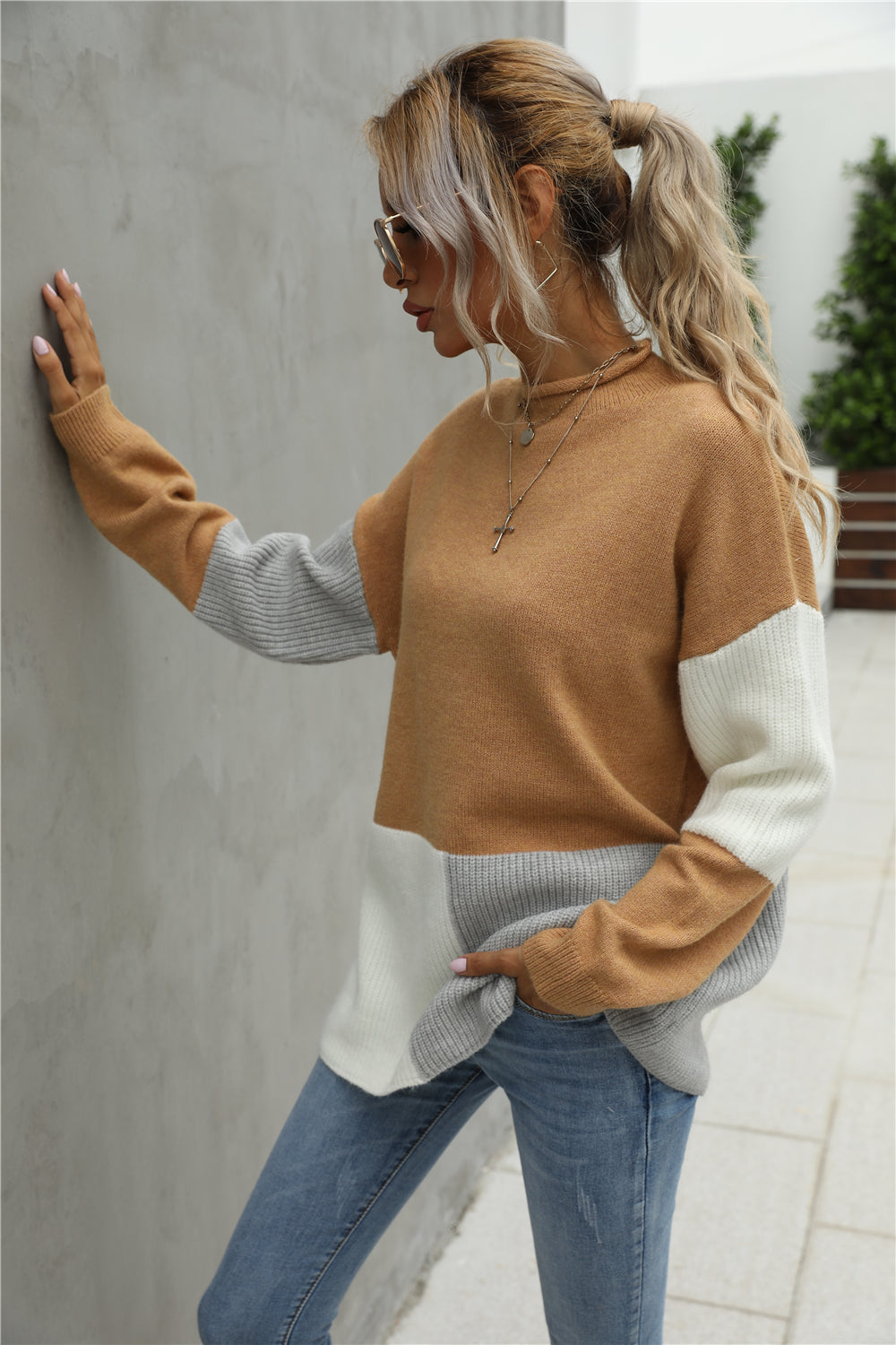 Creamtopmall Stitching Color Block Round Collar Sweater