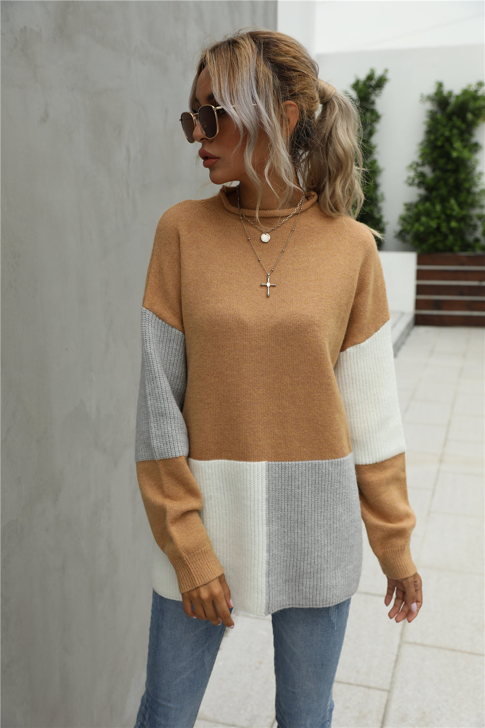 Creamtopmall Stitching Color Block Round Collar Sweater