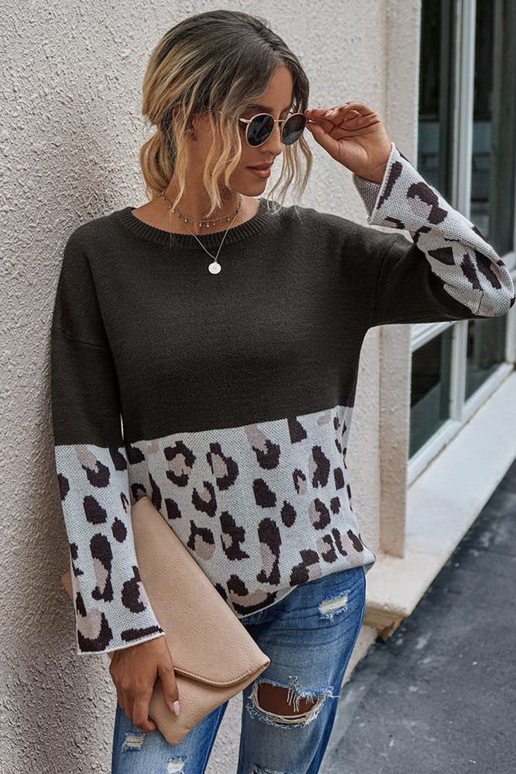 Creamtopmall Leopard Print Crew-neck Sweater