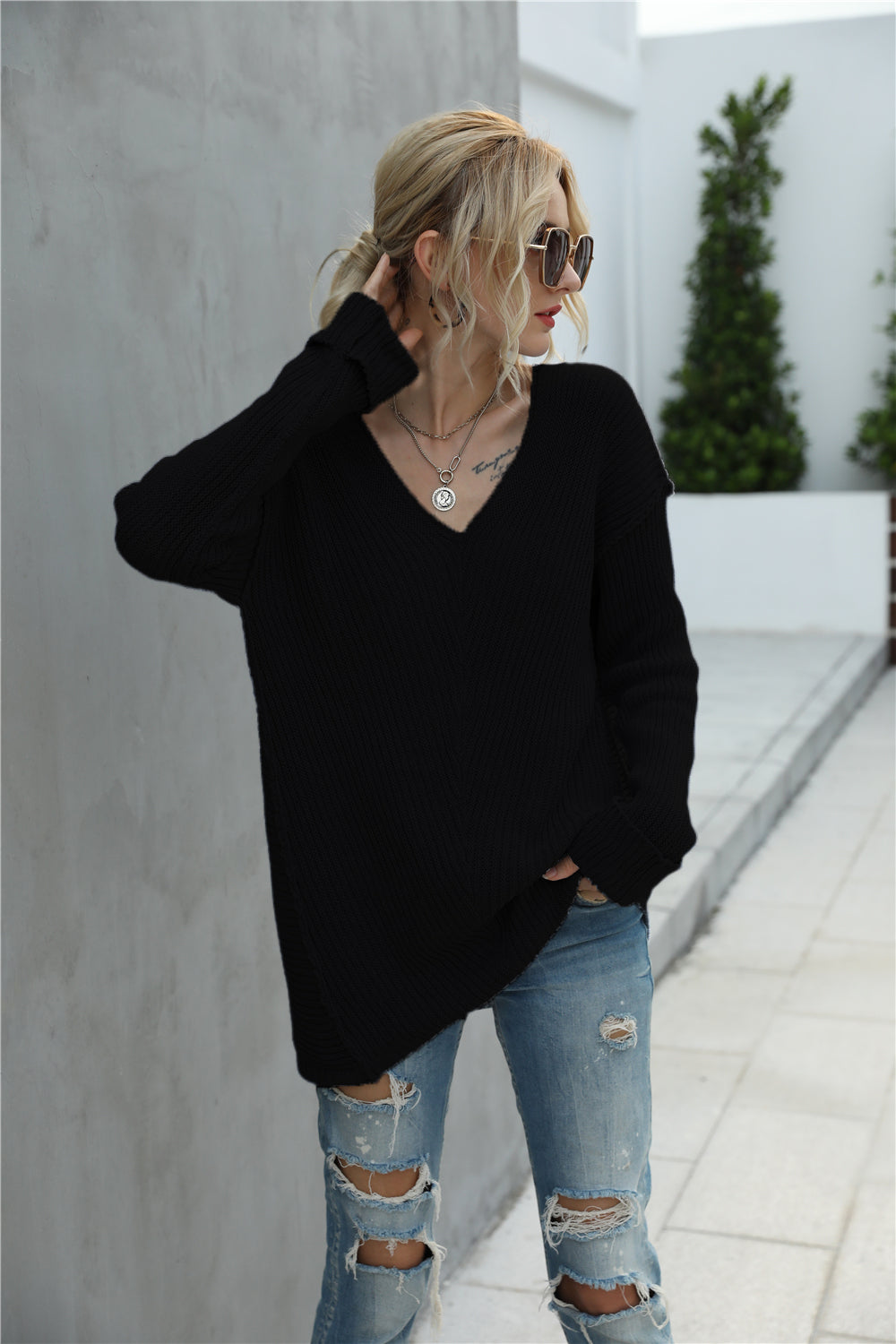 Creamtopmall Solid Color Deep V Knitted Loose Sweater