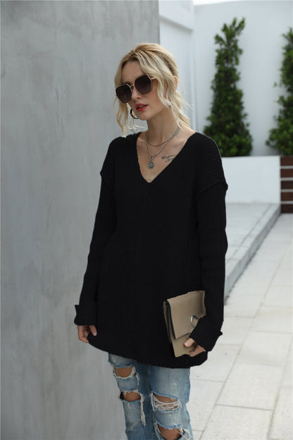 Creamtopmall Solid Color Deep V Knitted Loose Sweater