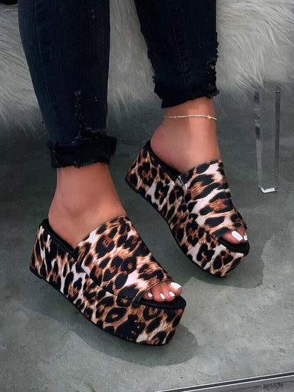 creamtopmall   High-heeled Women Flatform Slippers Summer New   Leopard Print Thick with Slides Women Large Size Shoes Woman Wedges Slipper 0823