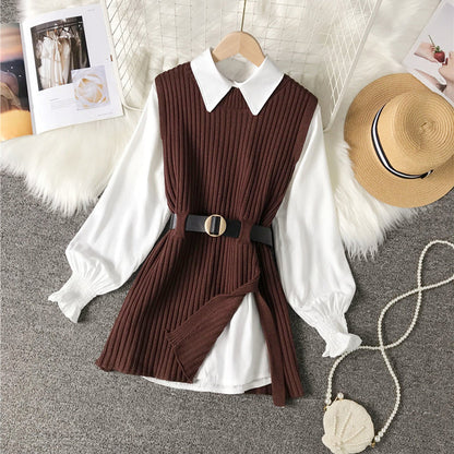 Creamtopmall Lantern Sleeve Shirt Knitted Vest 2 Pieces Set