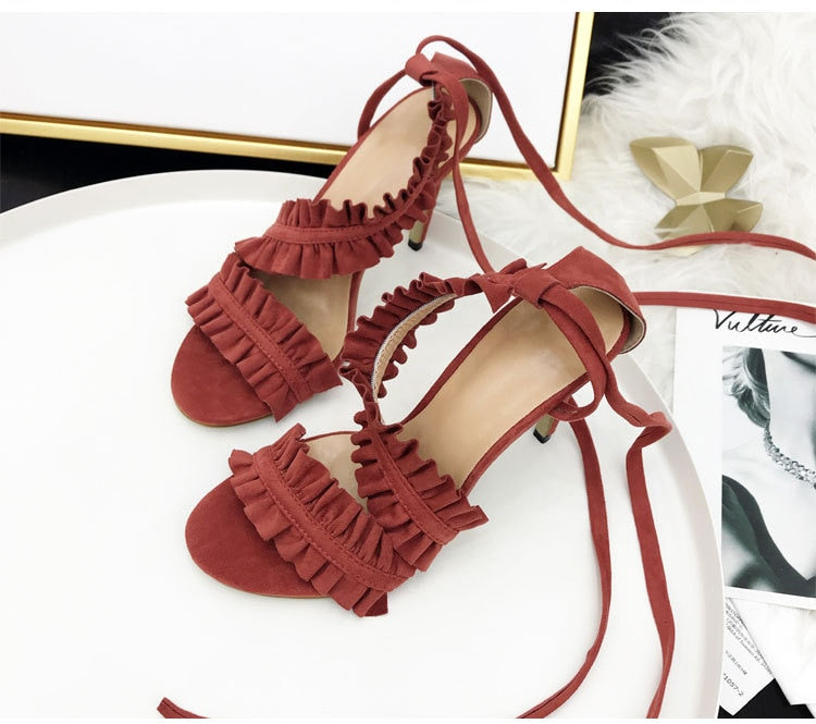 Creamtopmall Cross Bandage Thin Heel Ruffle Sandals