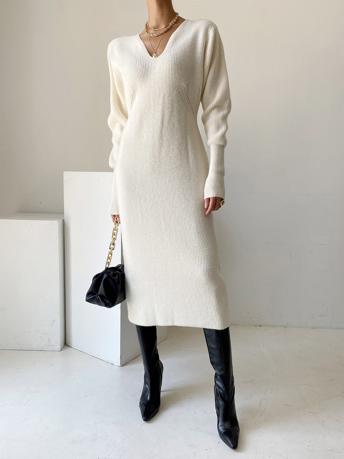 Creamtopmall Office V-neck Long Sleeves Knitted Dress