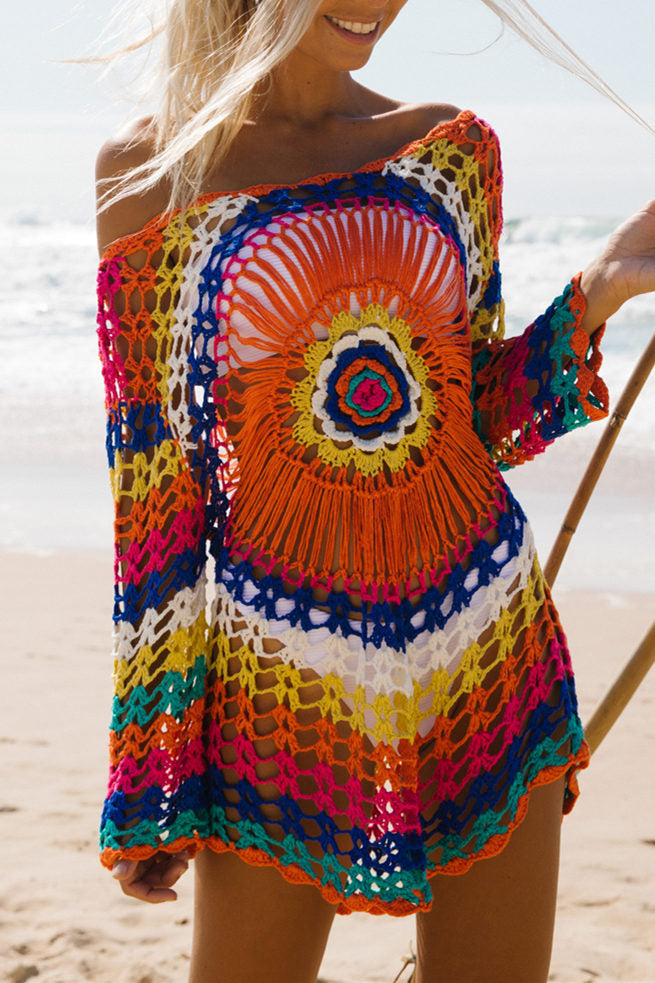 Creamtopmall Colorful Knitted Cover Up Beach Dress