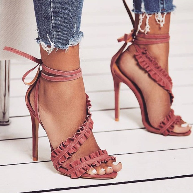 Creamtopmall Cross Bandage Thin Heel Ruffle Sandals