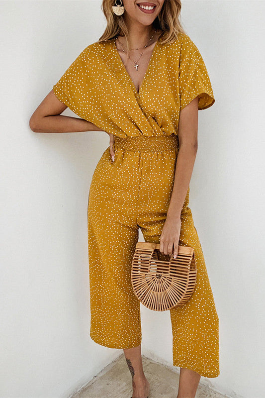 creamtopmall V Neck Wide Leg Polka Dot Jumpsuit