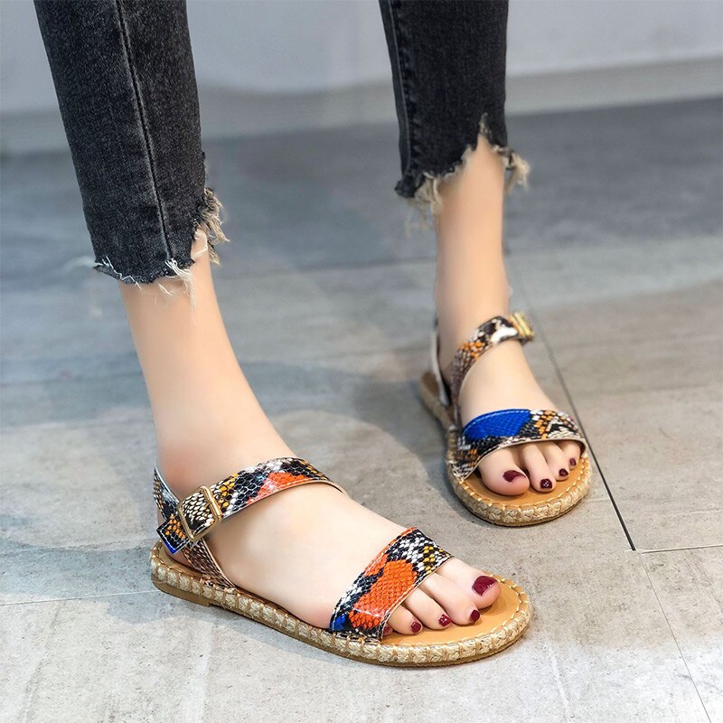 Creamtopmall Snake  Pattern Flats Sewing Buckle Ankle Strap Sandal