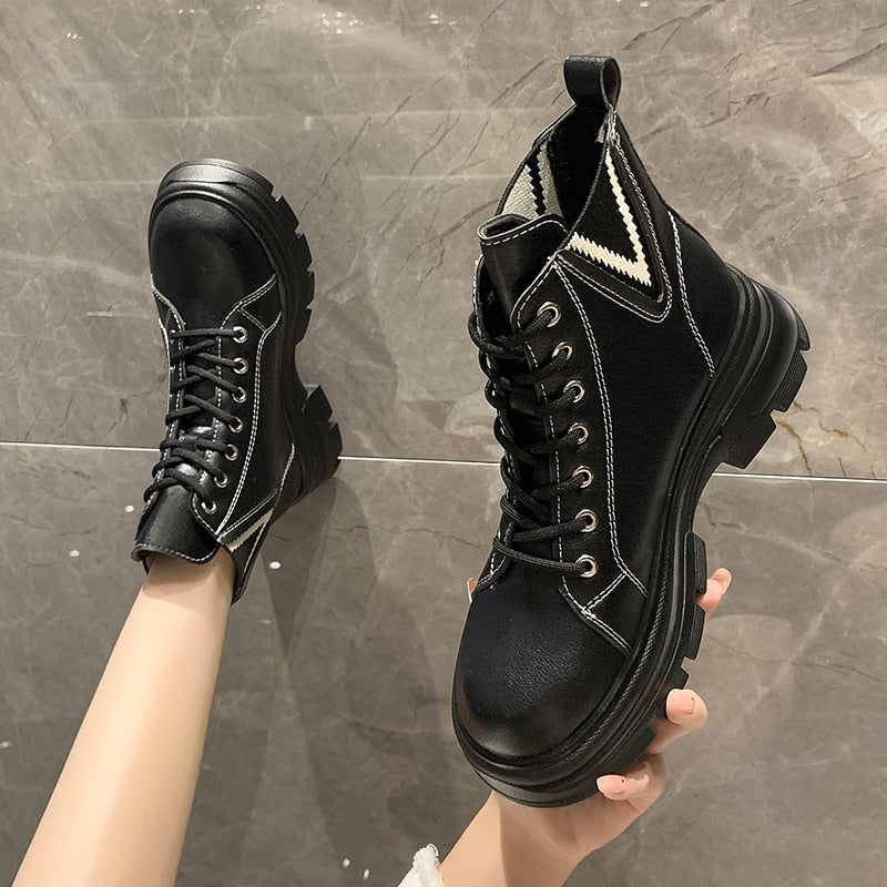 creamtopmall Autumn Boots New Style Women Casual Shoes Platform Sneakers PU Leather Shoes Woman High Top White Shoes Tenis Feminino 0823