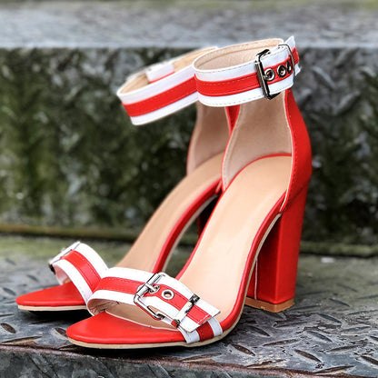 Creamtopmall Red Ankle Buckle Strap Square Heels