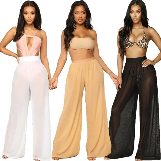 Antmvs-Hot Sale Sexy Women Long Mesh Sheer Pants Beachwear See-Through High Wasit Swimsuit Trunks Loose Pant Wide Leg Trousers