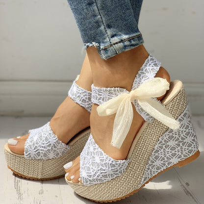 Creamtopmall Lace Bow Wedges Sandals