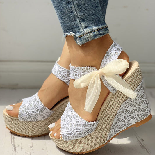 Creamtopmall Lace Bow Wedges Sandals