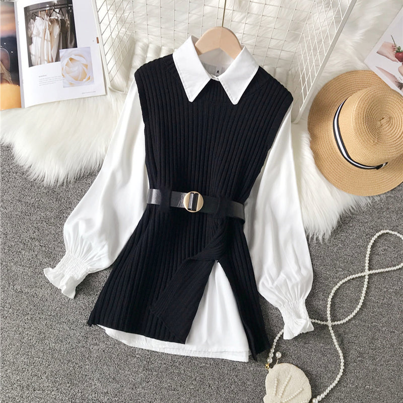 Creamtopmall Lantern Sleeve Shirt Knitted Vest 2 Pieces Set