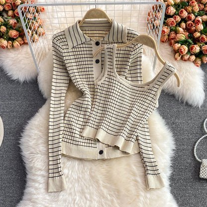 Creamtopmall Temperament Plaid Knitted 3 Piece Sets Suit