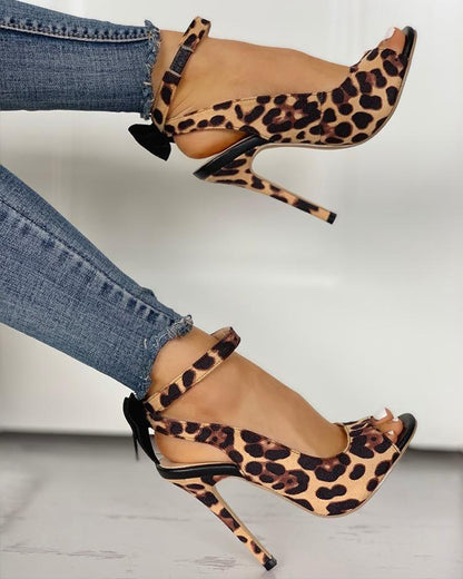 Creamtopmall Ankle Strap Leopard Bow Thin Heels