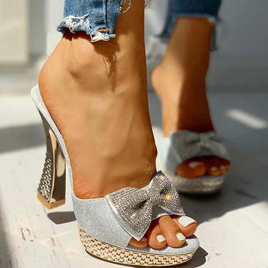 Creamtopmall Sequined Open Toe Bow Tie Heels