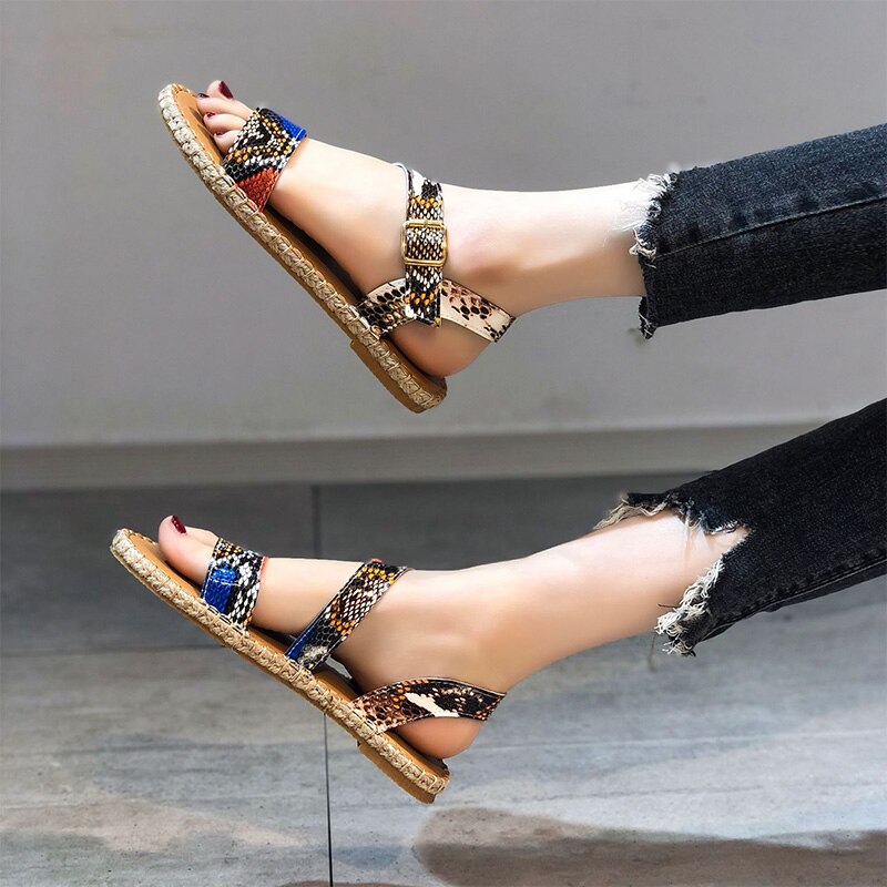 Creamtopmall Snake  Pattern Flats Sewing Buckle Ankle Strap Sandal