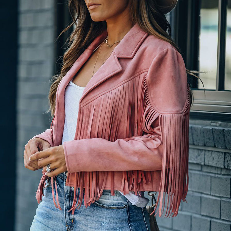 Creamtopmall Vintage Lapel Long Sleeve Fringe Cropped Hippie Jacket