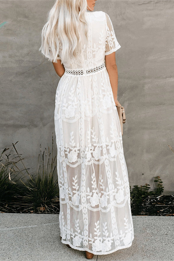 Creamtopmall Embroidery Lace long Tunic Beach Dress