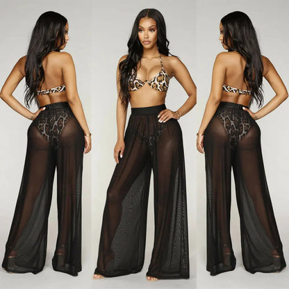 creamtopmall-2024Hot Sale Sexy Women Long Mesh Sheer Pants Beachwear See-Through High Wasit Swimsuit Trunks Loose Pant Wide Leg Trousers