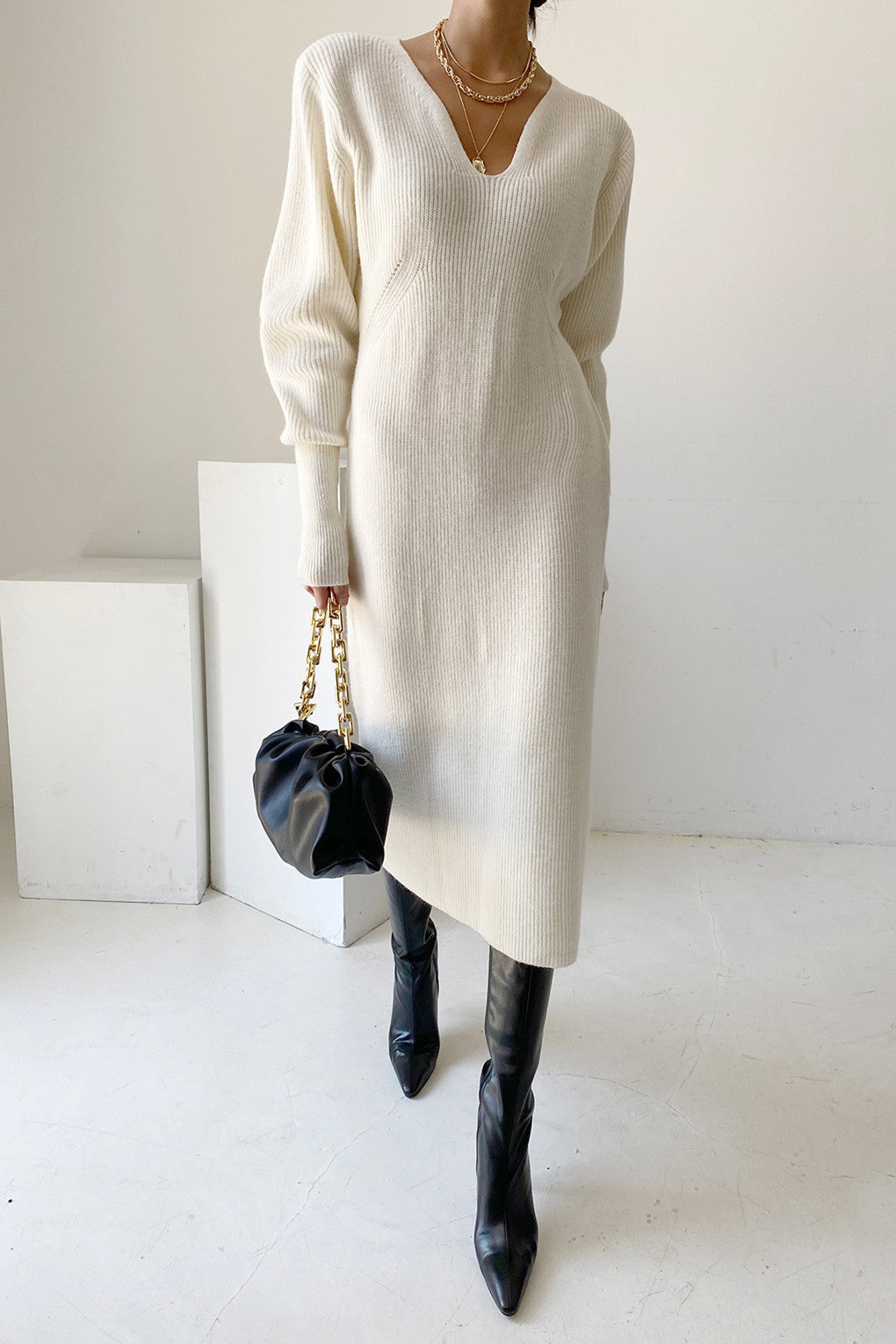 Creamtopmall Office V-neck Long Sleeves Knitted Dress