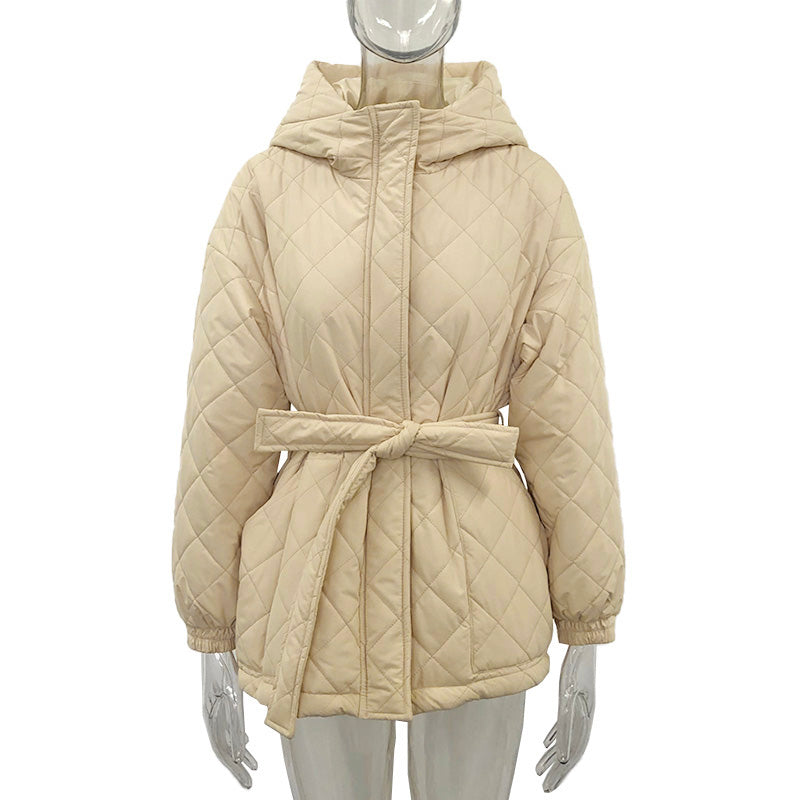 Creamtopmall Elegant Tie Belt Loose Arygle Hooded Parkas