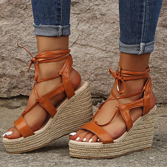 Creamtopmall Hemp Wedge Open Toe Ankle Cross-tied Sandals