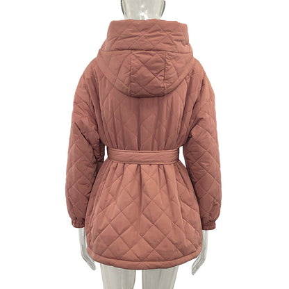 Creamtopmall Elegant Tie Belt Loose Arygle Hooded Parkas