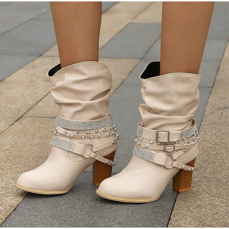 Creamtopmall Rivet Buckle Strap Boots