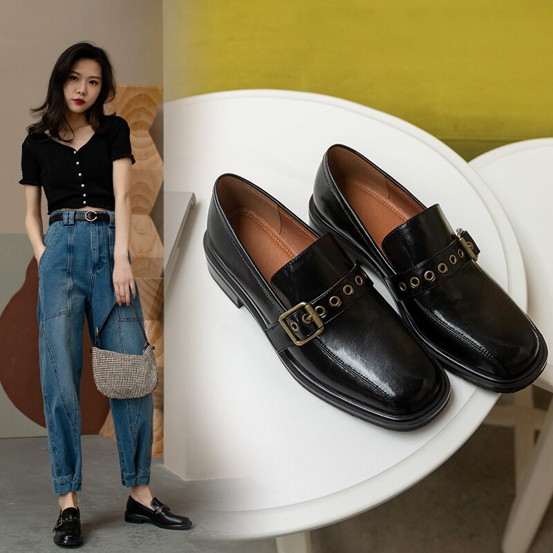 Antmvs spring new pumps Women's shoes 22-25cm natural leather Square toe metal buckle Women heels black shoes heels for women