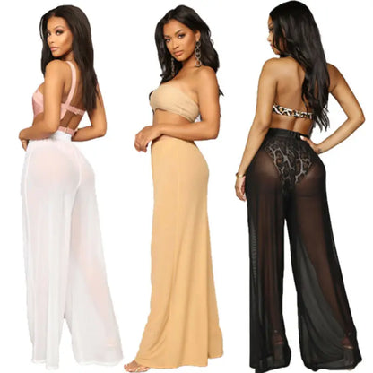 creamtopmall-Hot Sale Sexy Women Long Mesh Sheer Pants Beachwear See-Through High Wasit Swimsuit Trunks Loose Pant Wide Leg Trousers