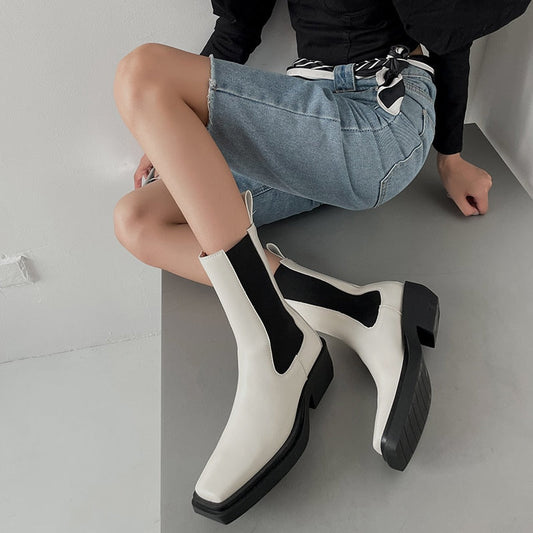 creamtopmall Hot Women Boots Fashion Split Leather Slip-On Chelsea Boots Square Toe Thick Heel Female Platform Boots Handmade Women Shoes