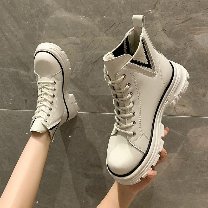 creamtopmall Autumn Boots New Style Women Casual Shoes Platform Sneakers PU Leather Shoes Woman High Top White Shoes Tenis Feminino 0823