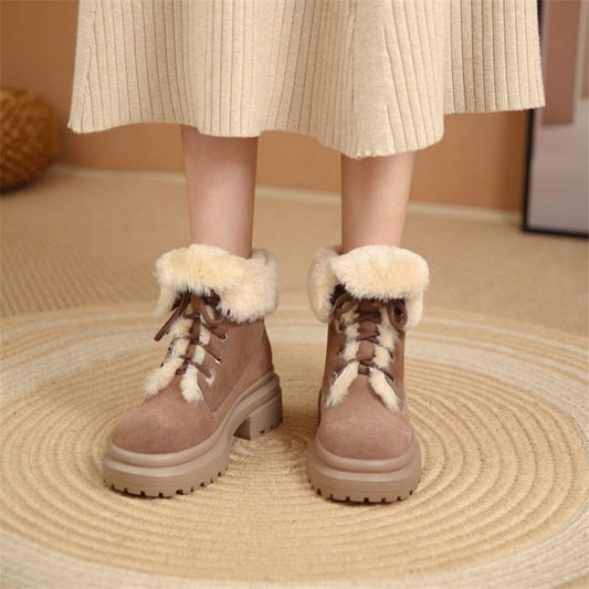 creamtopmall 2023 Winter Fashion Women's Boots Wool Fur Boots Warm Women Short Shoes Lace Up Snow Boots Flat Bottom Casual Motorcycle Boots