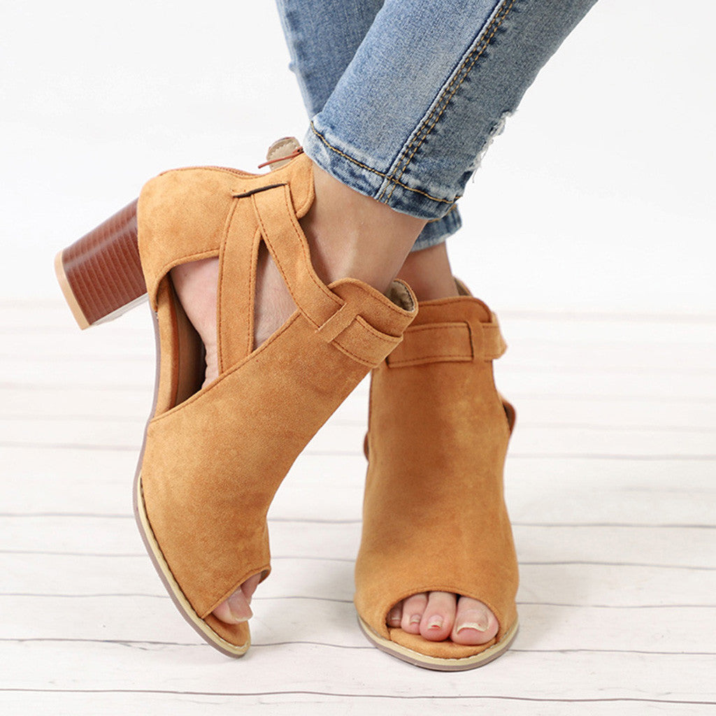 Creamtopmall Flock Square Heel Square Sandals