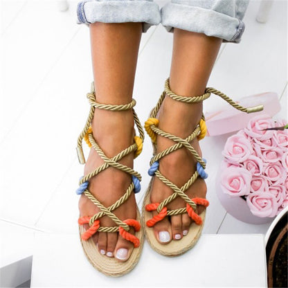 Creamtopmall Peep Toe Cross Lace Up Flat Sandals