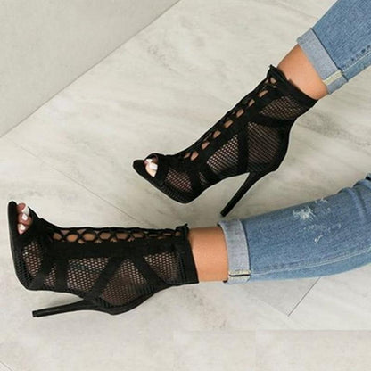 Creamtopmall Lace Up Cross-tied Net Surface Hollow Out Sandals