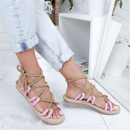 Creamtopmall Peep Toe Cross Lace Up Flat Sandals